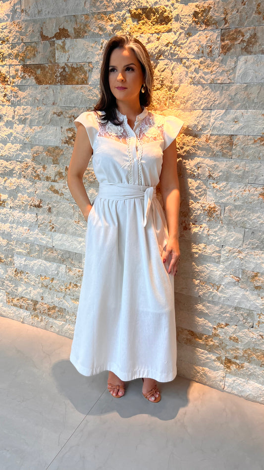 Vestido Midi Aplicação Flores MILA - Liso Branco 5462