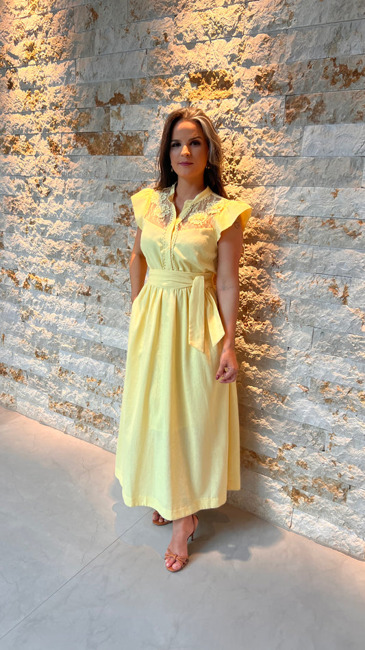 Vestido Midi Aplicação Flores MILA - Liso Amarelo 5462