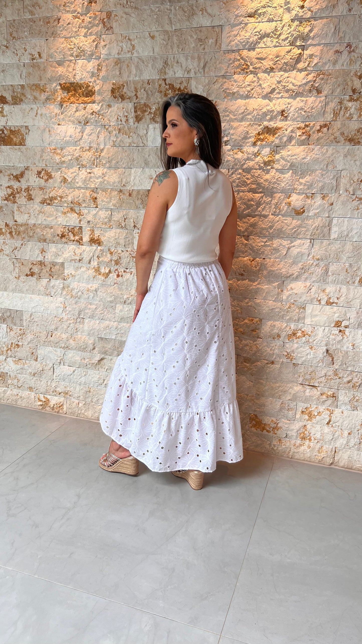 Saia Midi Lesie Babado EAG- Liso Branco 5478