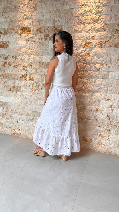 Saia Midi Lesie Babado EAG- Liso Branco 5478