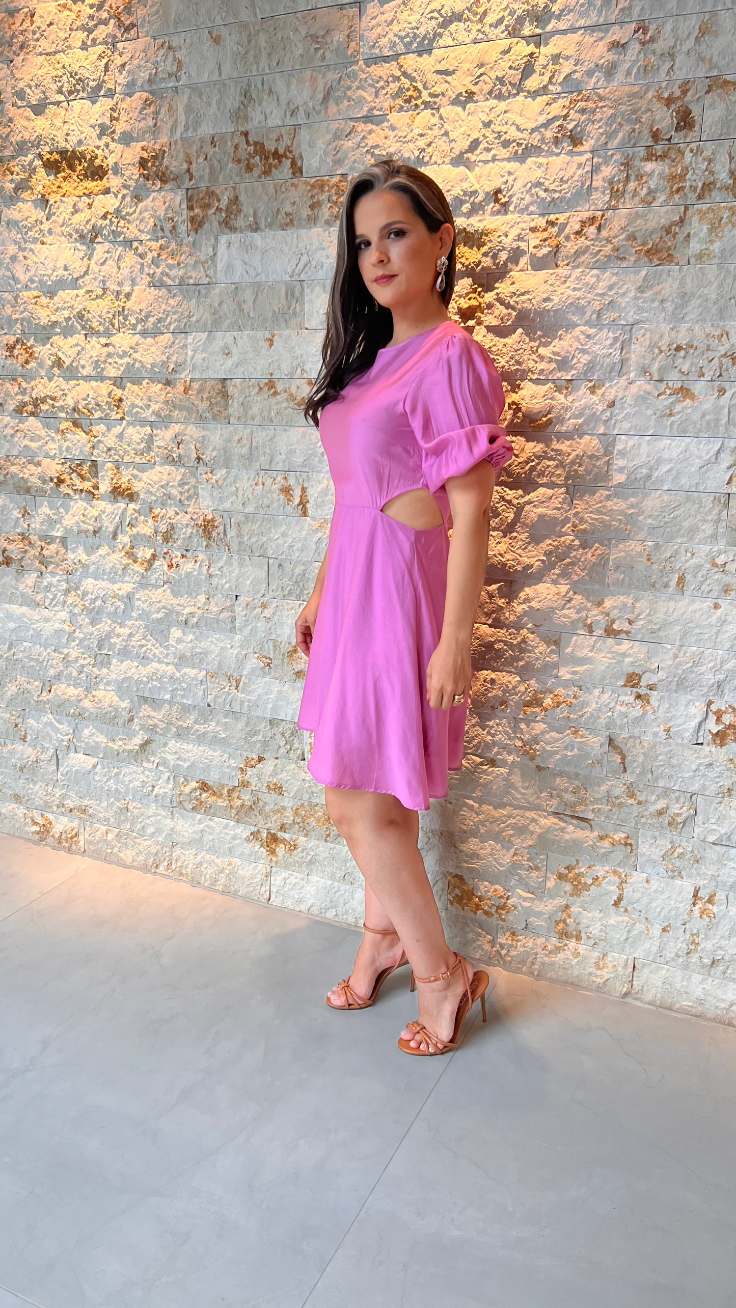 Vestido Curto Vazado Cintura EAG- Liso Rosa 5477