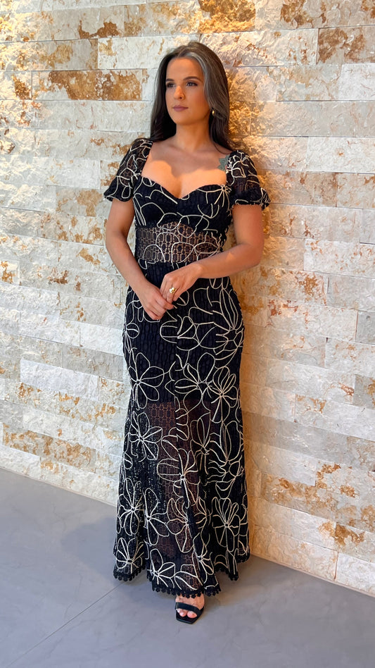 Vestido Longuete Bordado Floral Limon - Preto 5321
