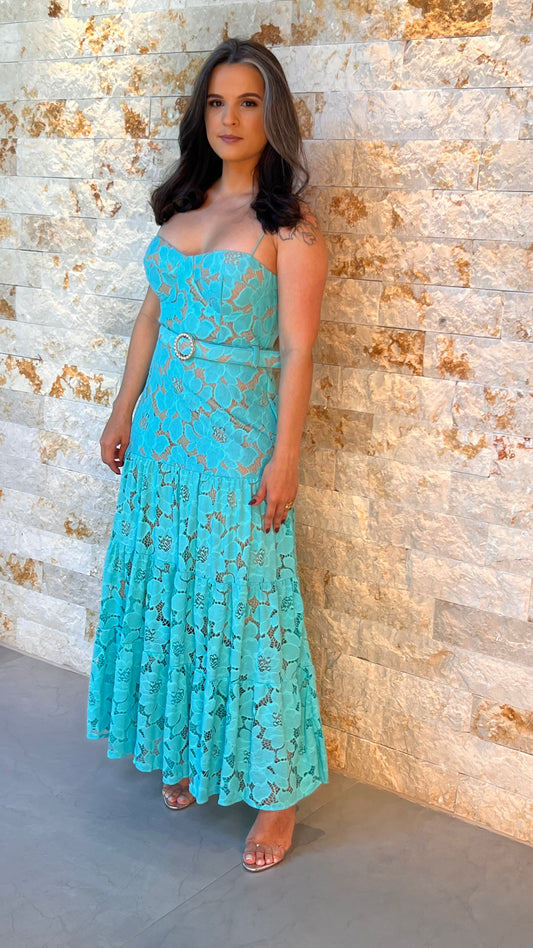 Vestido Midi Cinto Perola Limon- Liso Azul 5320