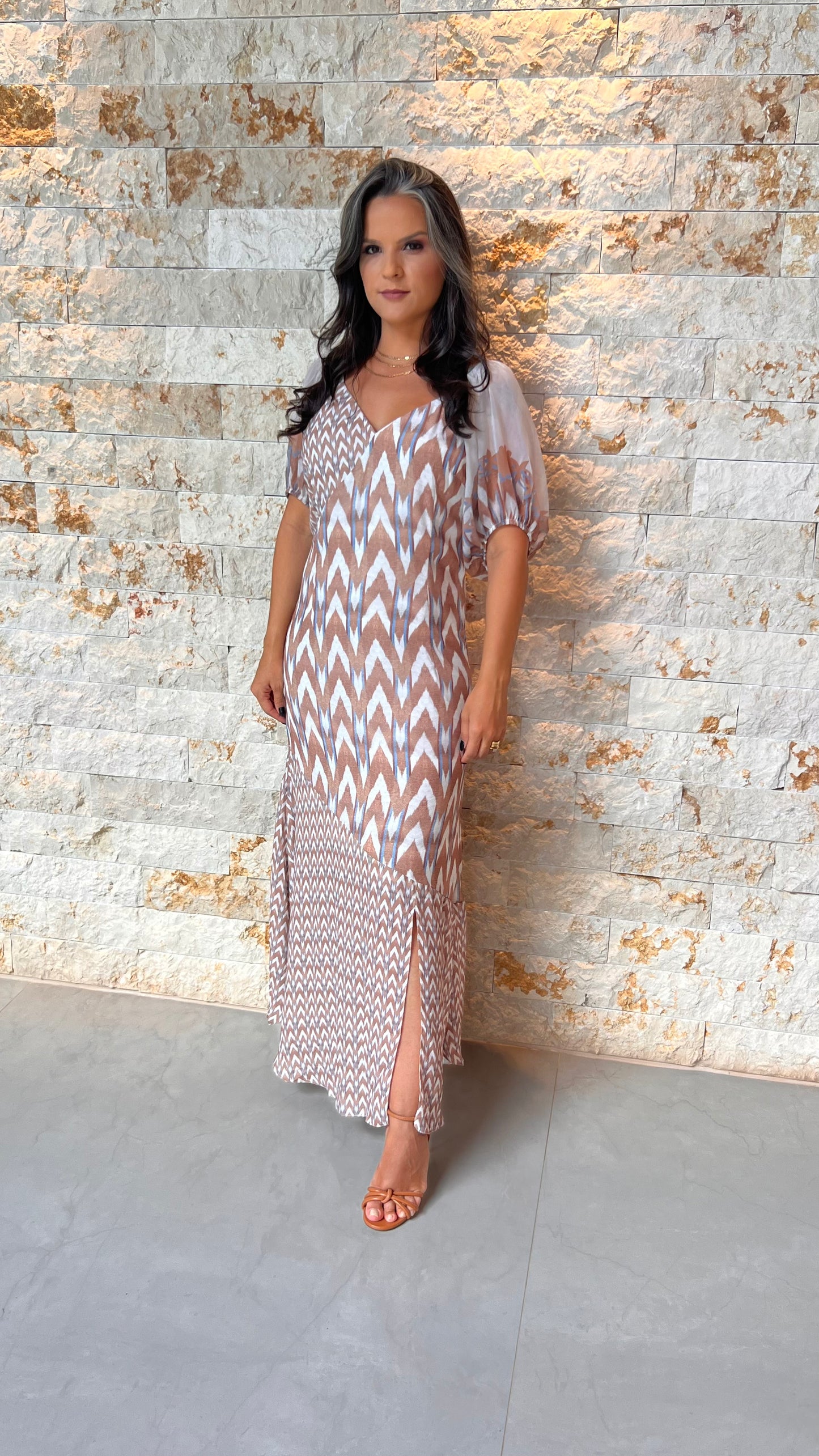 Vestido Midi Zig Zag YU- Estampado Bege 5549