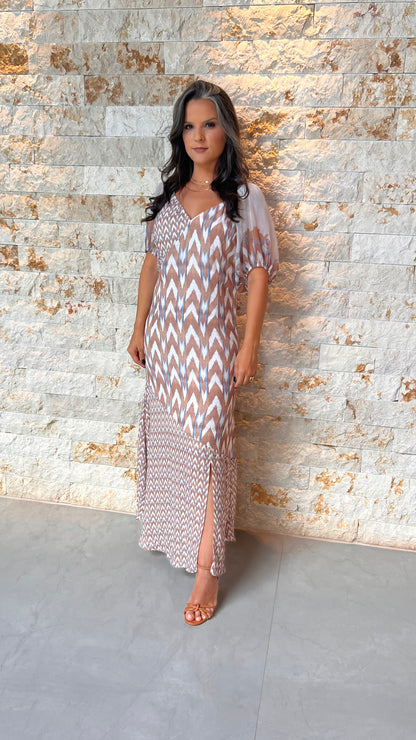 Vestido Midi Zig Zag YU- Estampado Bege 5549