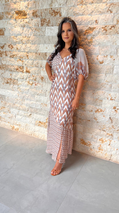 Vestido Midi Zig Zag YU- Estampado Bege 5549