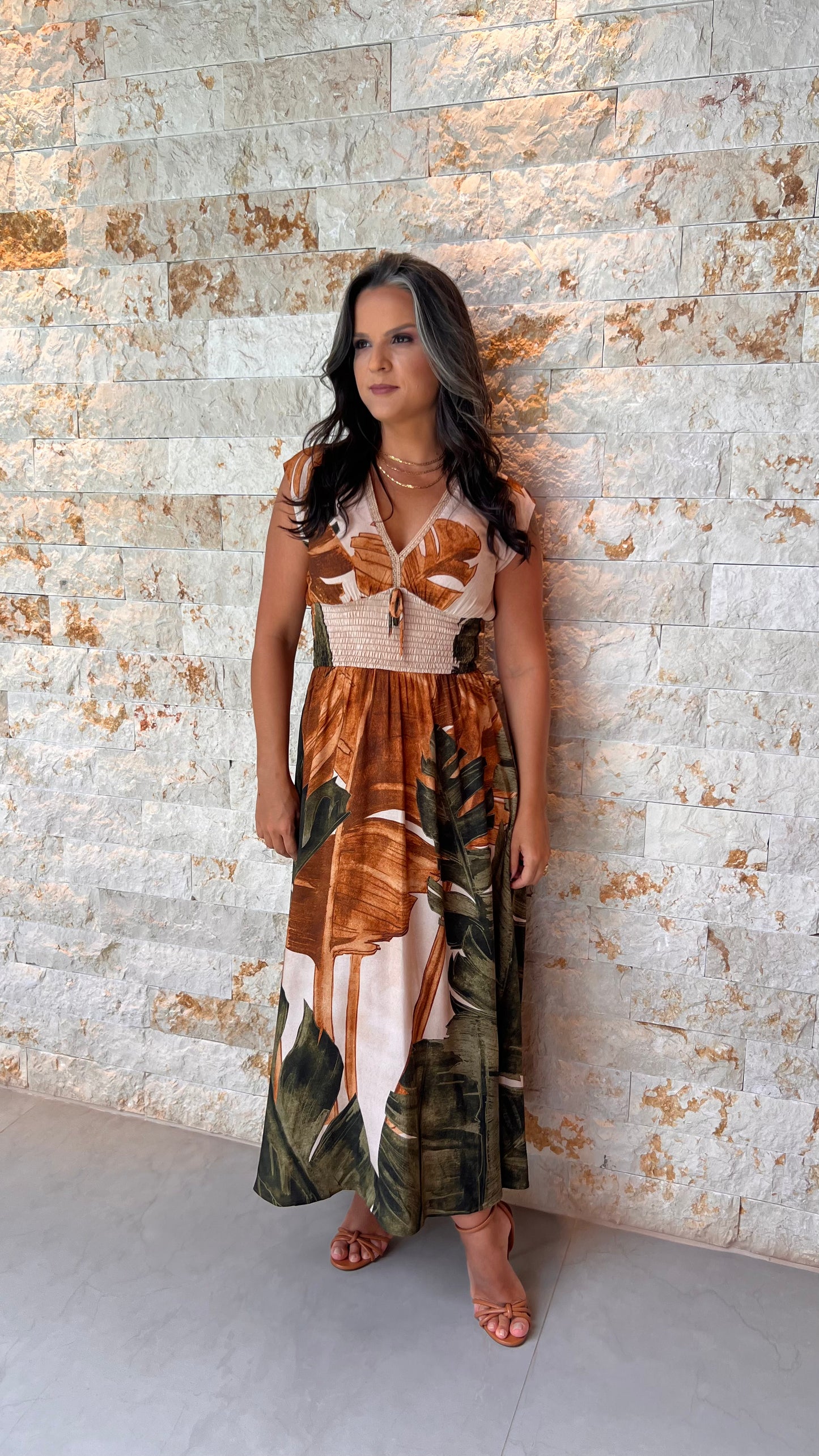 Vestido Midi Lastex Folhas Terra PIS- Estampado 5553