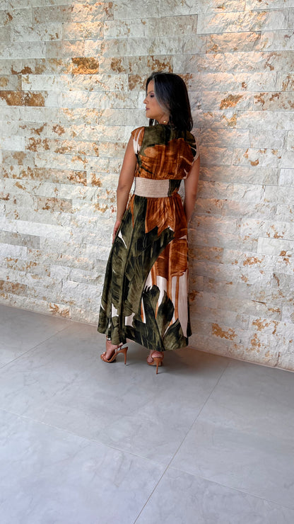 Vestido Midi Lastex Folhas Terra PIS- Estampado 5553