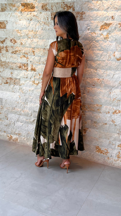 Vestido Midi Lastex Folhas Terra PIS- Estampado 5553
