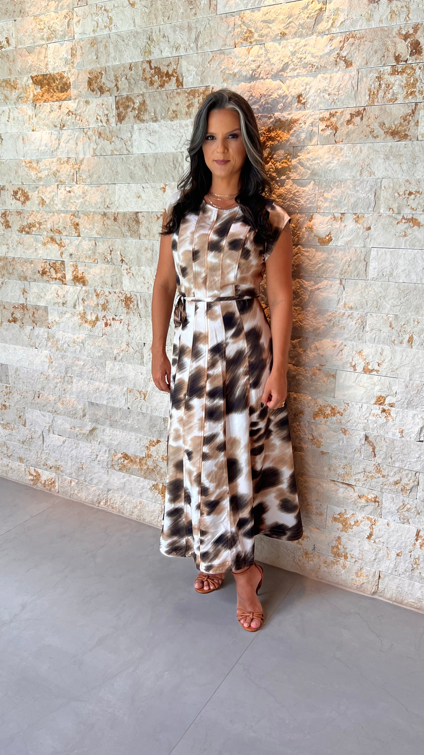 Vestido Midi Rajado PIS - Estampado Marrom 5554