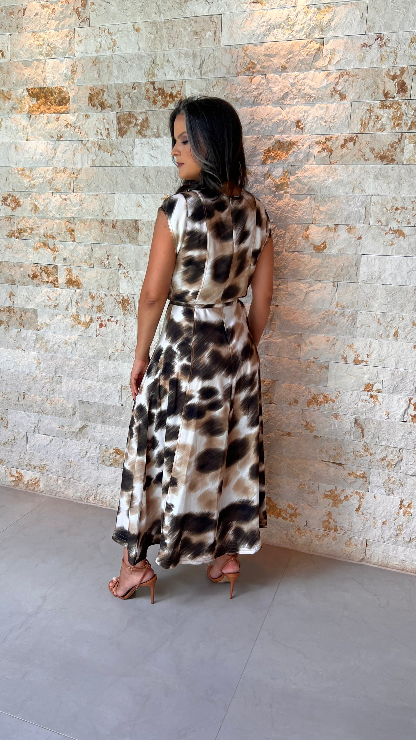 Vestido Midi Rajado PIS - Estampado Marrom 5554