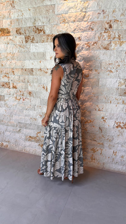 Vestido Midi Chemisse Cinto Fixo PIS - Estampado Cinza 5551/1