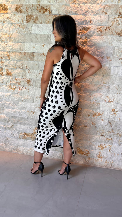 Vestido Midi Canelado Caju ARTE- P e B estampado 5562