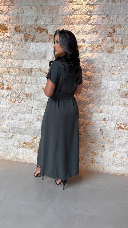 Vestido Midi Utilitário Cinto Bolso PIS -Cinza 5594