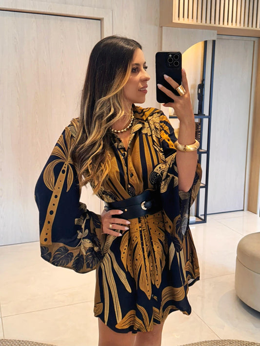Vestido Curto Folhagem Mostarda ARTE- Estampado