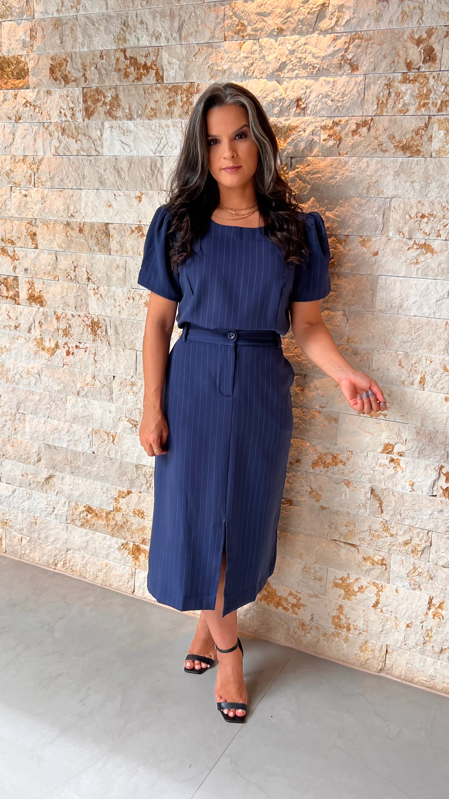 Conjunto Saia Blusa Alf Risca de Giz MAZ- Azul 5711
