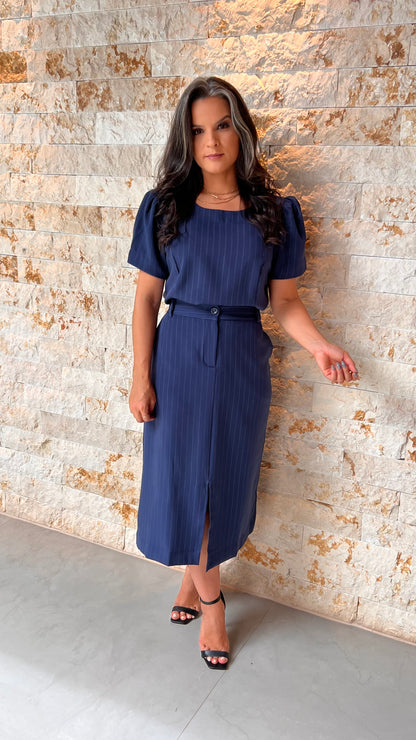 Conjunto Saia Blusa Alf Risca de Giz MAZ- Azul 5711