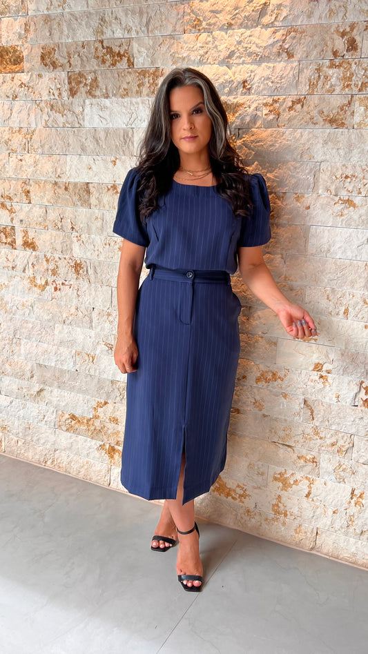 Conjunto Saia Blusa Alf Risca de Giz MAZ- Azul 5711