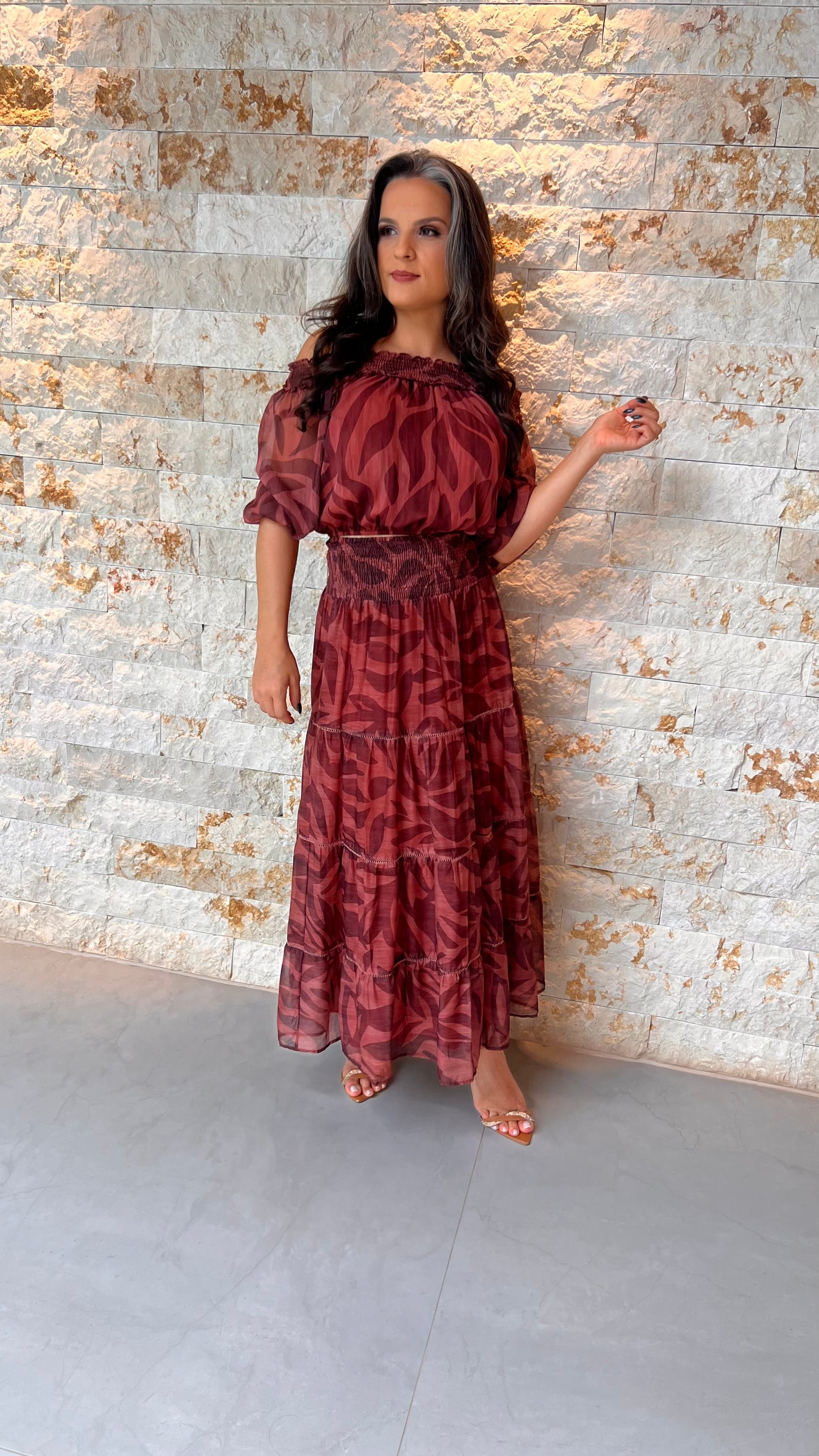 Conjunto Cropped Saia Midi Tule- Estampado 5738