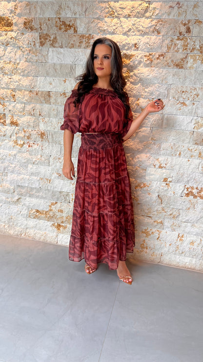 Conjunto Cropped Saia Midi Tule- Estampado 5738