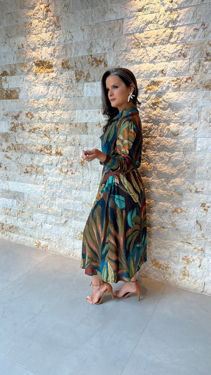 Vestido Chemisse Manga Longa Folhagem ARTE- Estampado 5753