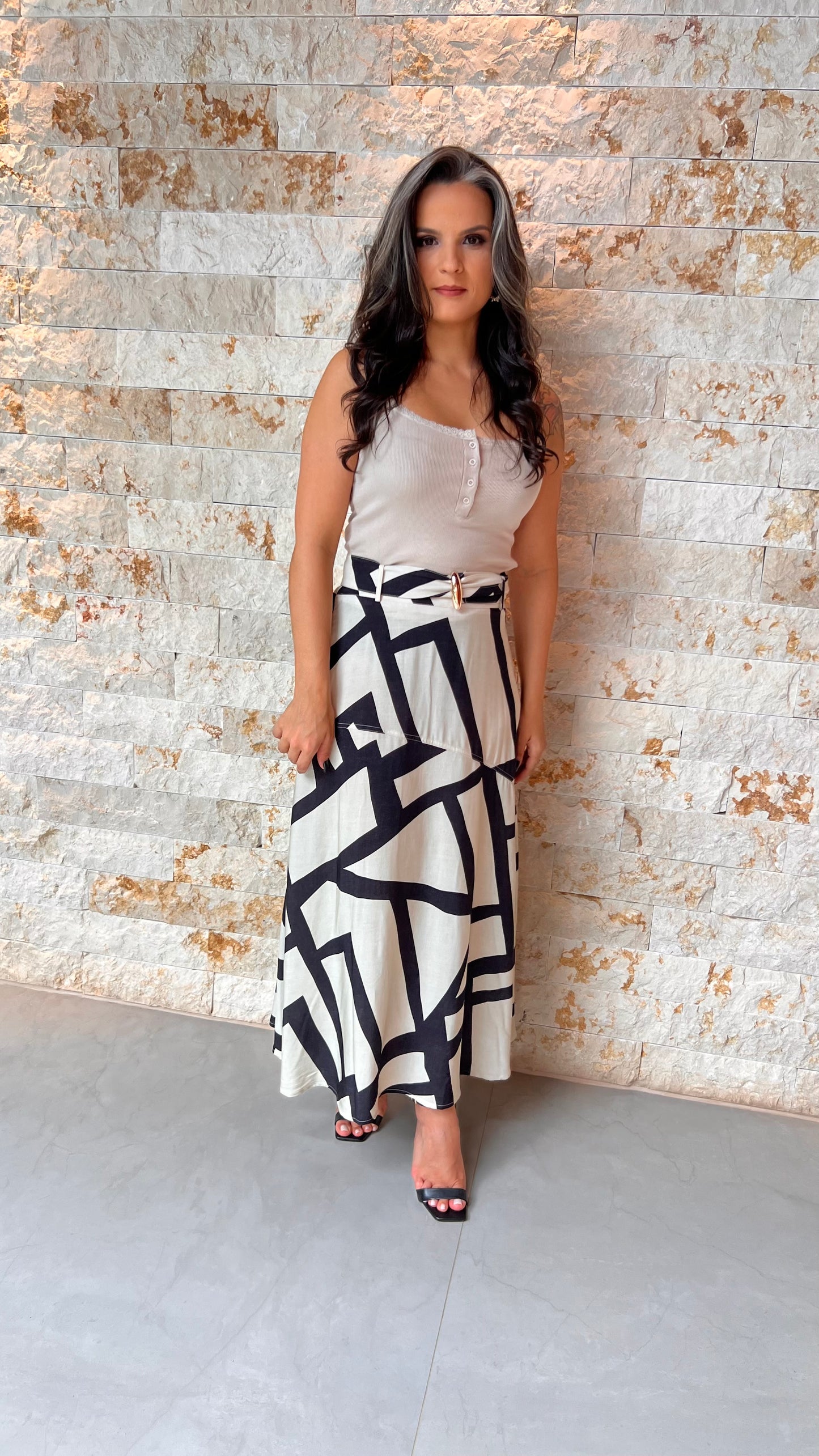 Saia Midi Cinto Det Dourado PIS-  Estampado 5741