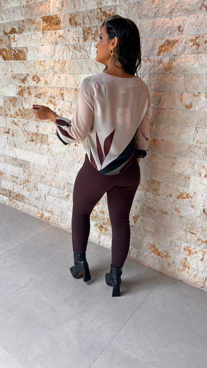 Blusa Manga Longa Bicolor YU- Estampado 5623