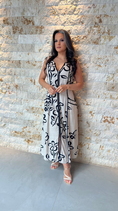 Vestido Midi Linho Estampado PIS- Branco 5874