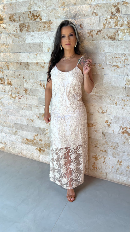 Vestido Longo Tule Bordado ARTE- Off White 5906