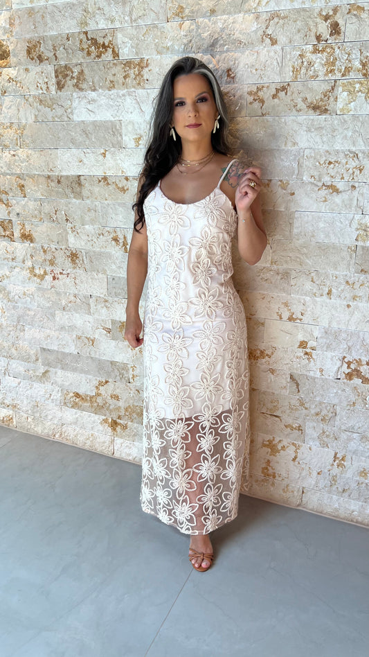 Vestido Longo Tule Bordado ARTE- Off White 5906