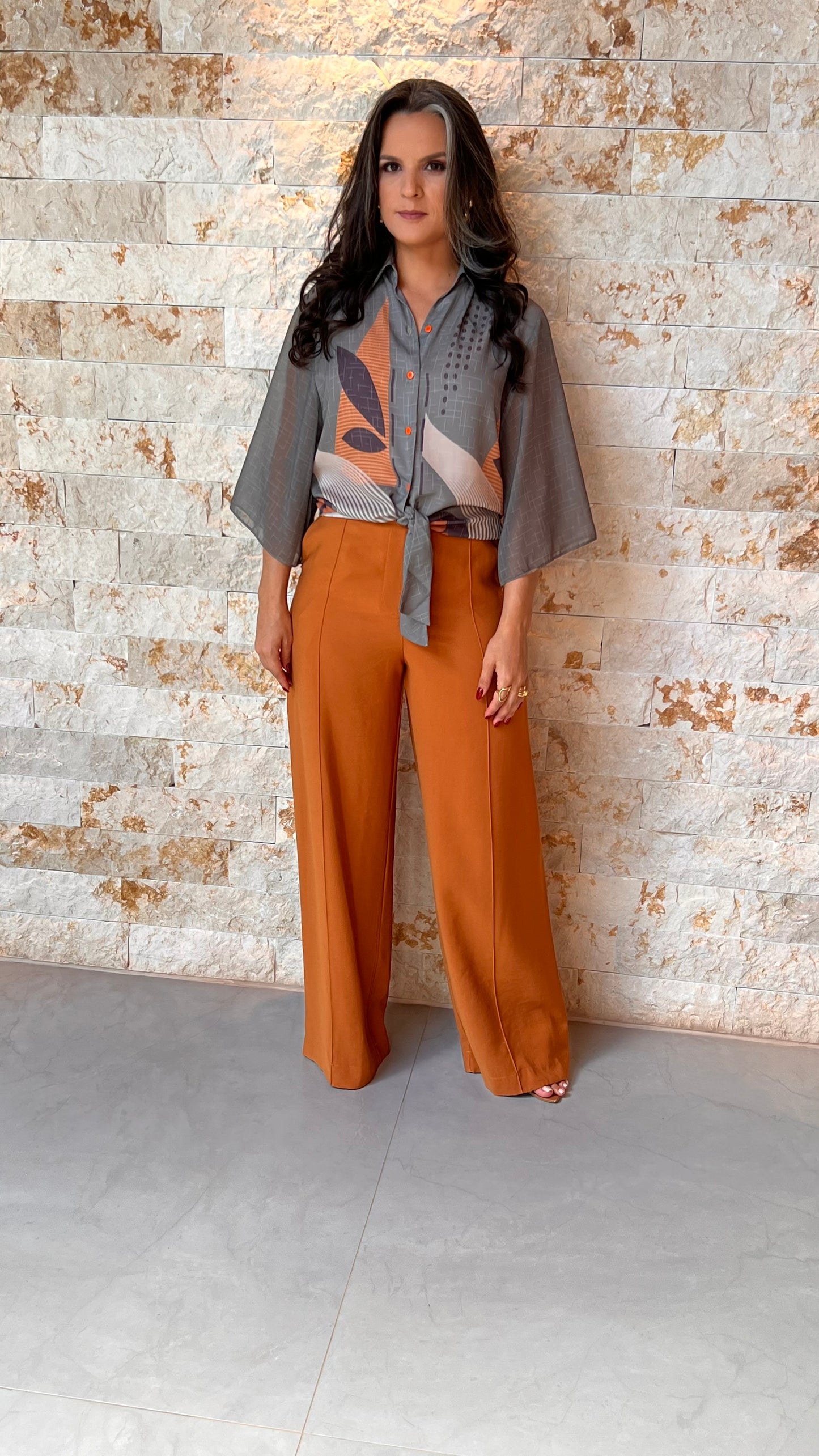 Blusa Botões Laranja YU- Estampado 5629