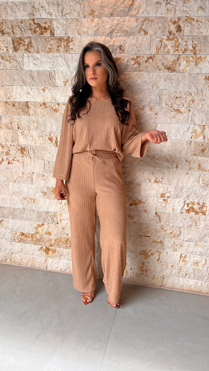 Conjunto Calça e Blusa Tec Plissado MAZ- Bege 5709