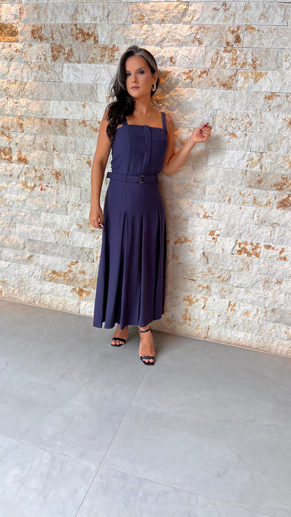 Conjunto Blusa e Saia Midi Vintage PIS- Azul Marinho 5592