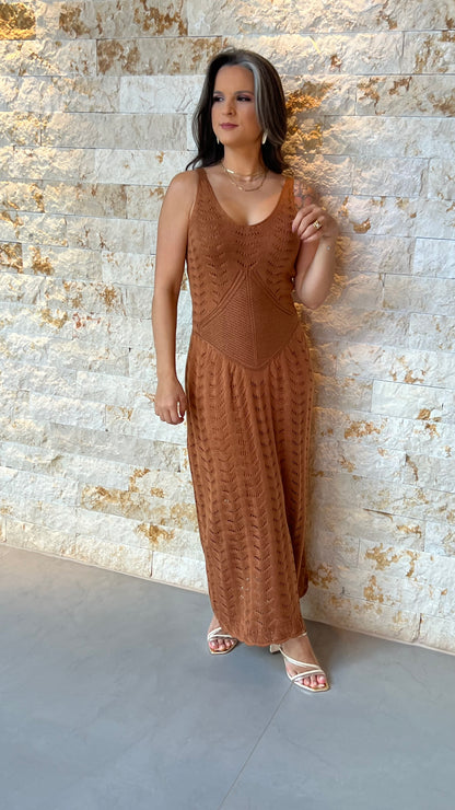 Vestido Midi Tricô Cintura Baixa POLI- Marrom 5912