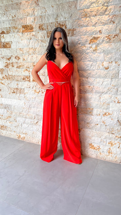 Tailoring Jumpsuit Stone Belt - Red
