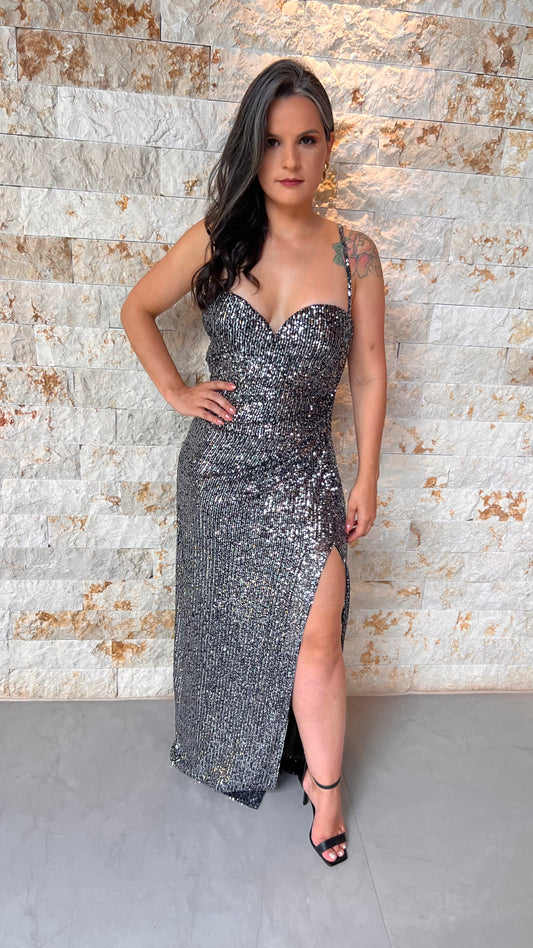 Long Sequin Dress Thin Straps Slit - Silver