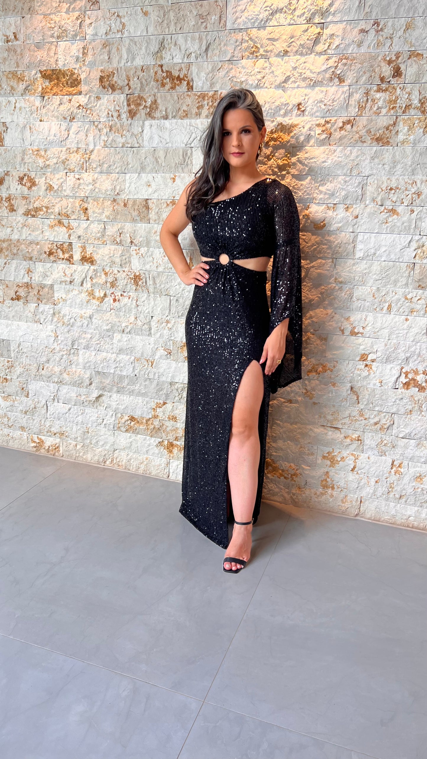 Long Sequin Dress Nula Slit Sleeve - Black