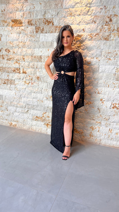 Long Sequin Dress Nula Slit Sleeve - Black