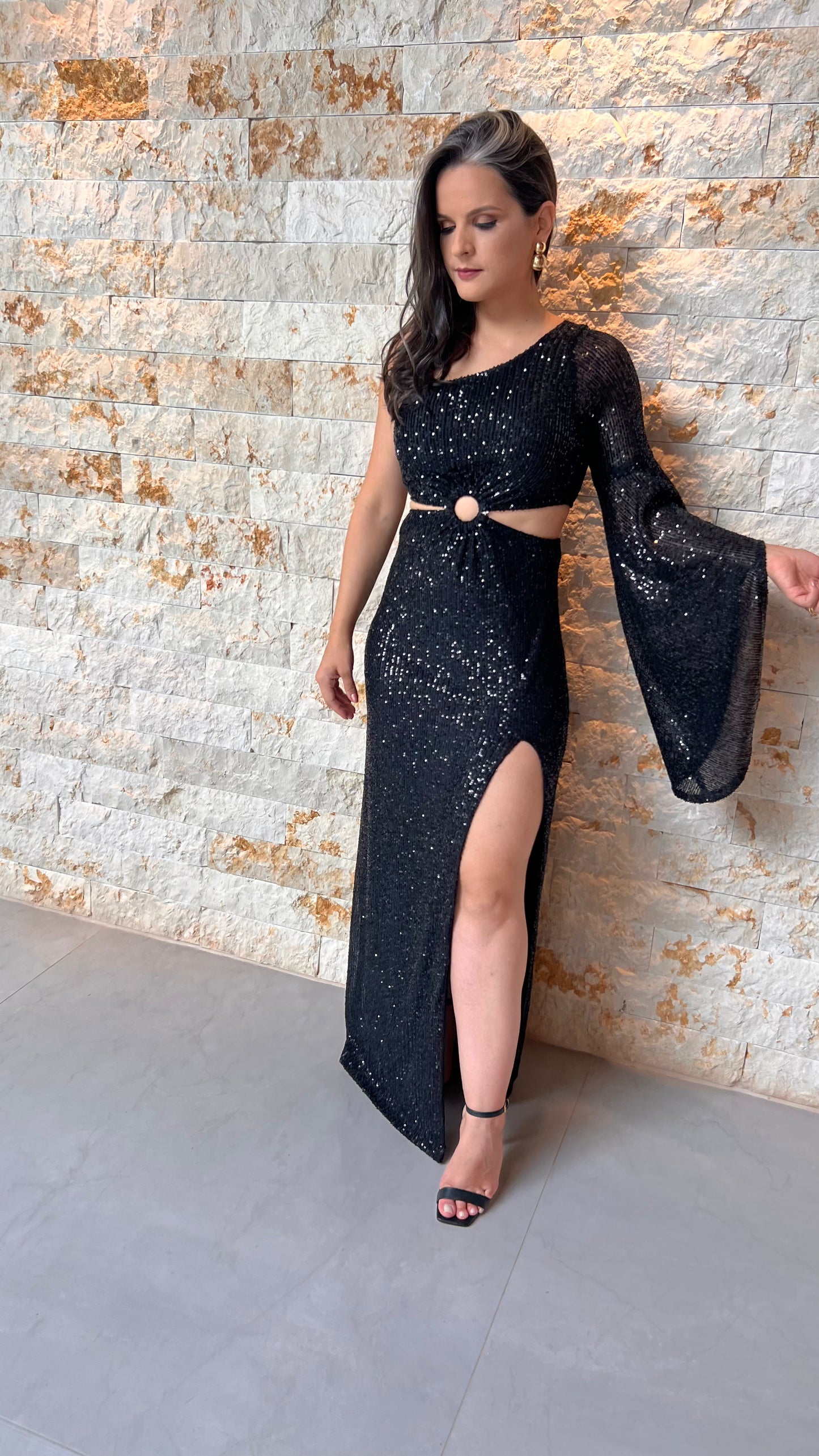 Long Sequin Dress Nula Slit Sleeve - Black