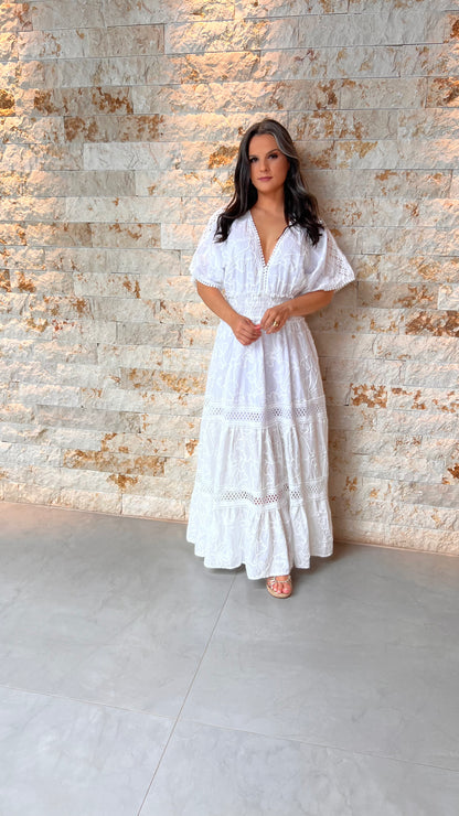Vestido Midi Guipir Lastex ARTE-  Liso Branco/ Off White 5490