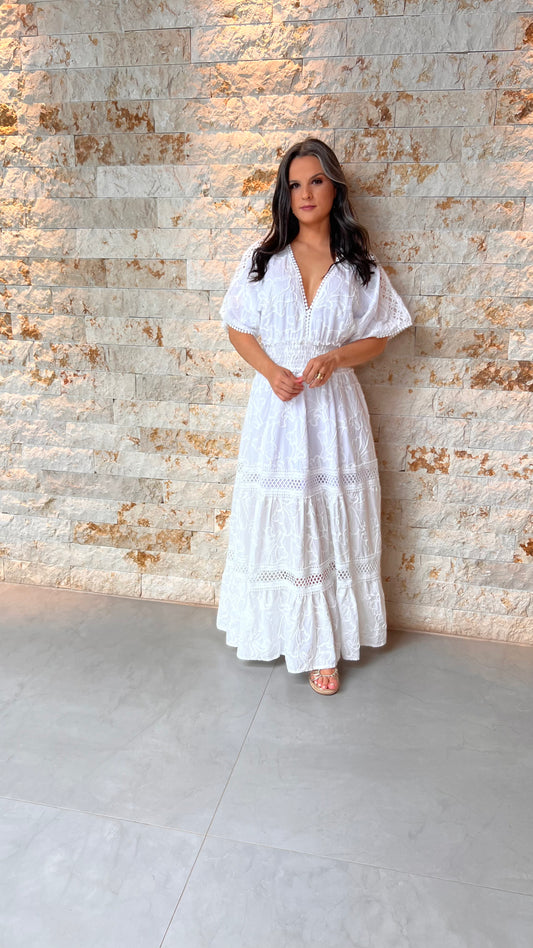 Vestido Midi Guipir Lastex ARTE-  Liso Branco/ Off White 5490