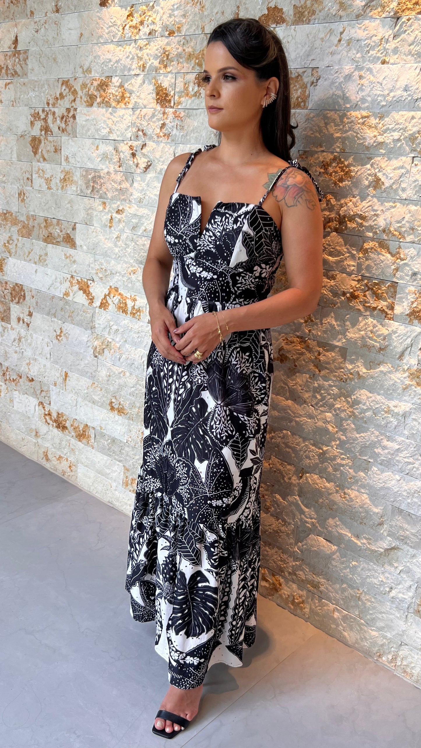 Vestido Longuete Malha Lesie ARTE- Estampado P e B 5121