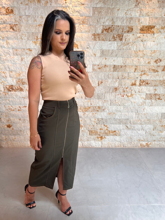 Saia Midi Pespontada Ziper Frontal- Liso Verde Militar 5116