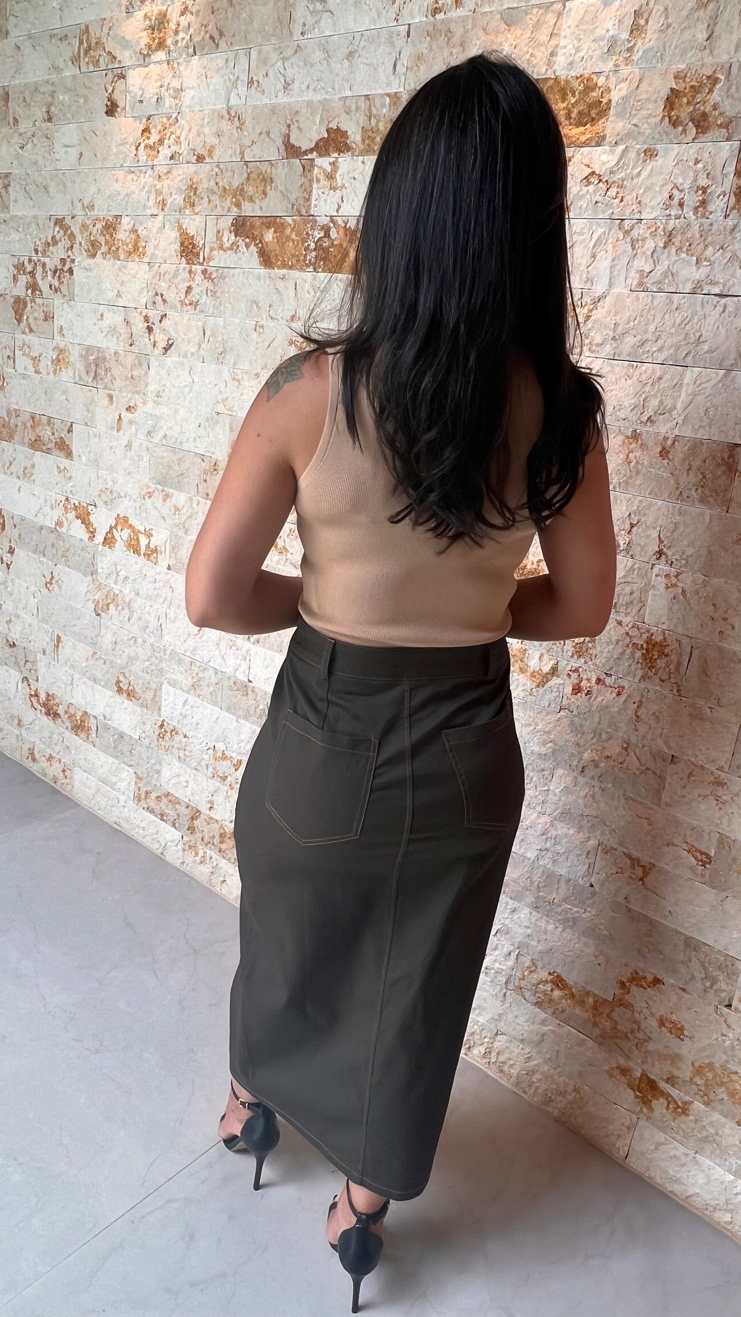 Saia Midi Pespontada Ziper Frontal- Liso Verde Militar 5116