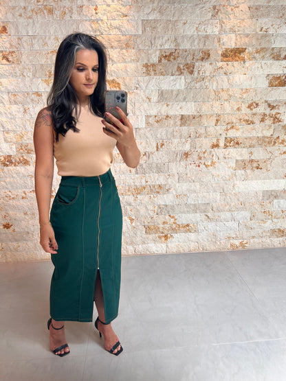 Saia Midi Pespontada Ziper Frontal- Liso Verde 5116