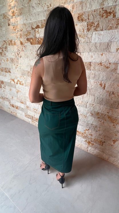 Saia Midi Pespontada Ziper Frontal- Liso Verde 5116