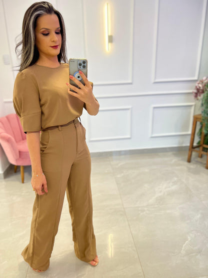 Conjunto Calça Pantalona e Blusa Manga Princesa- Nude 4637