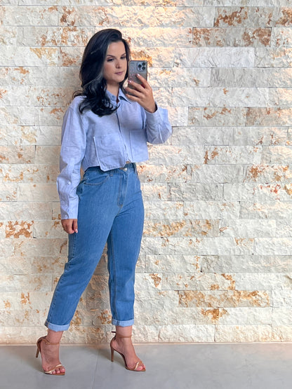 Camisa Cropped Bolso - Liso  Azul Claro 5136