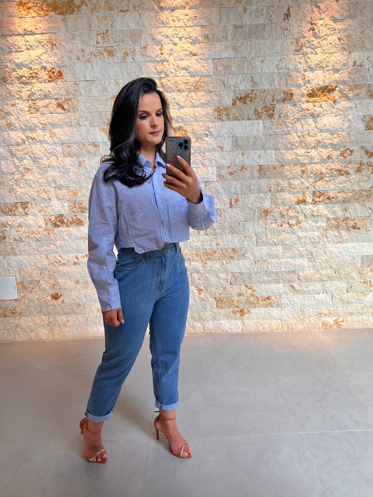 Camisa Cropped Bolso - Liso  Azul Claro 5136