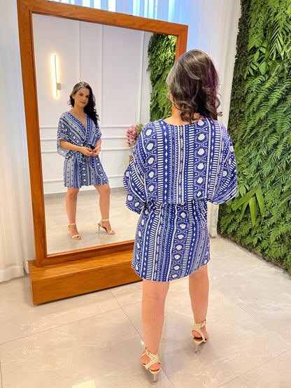 Vestido Curto Por Do Sol - Liso Azul Estampado 4854
